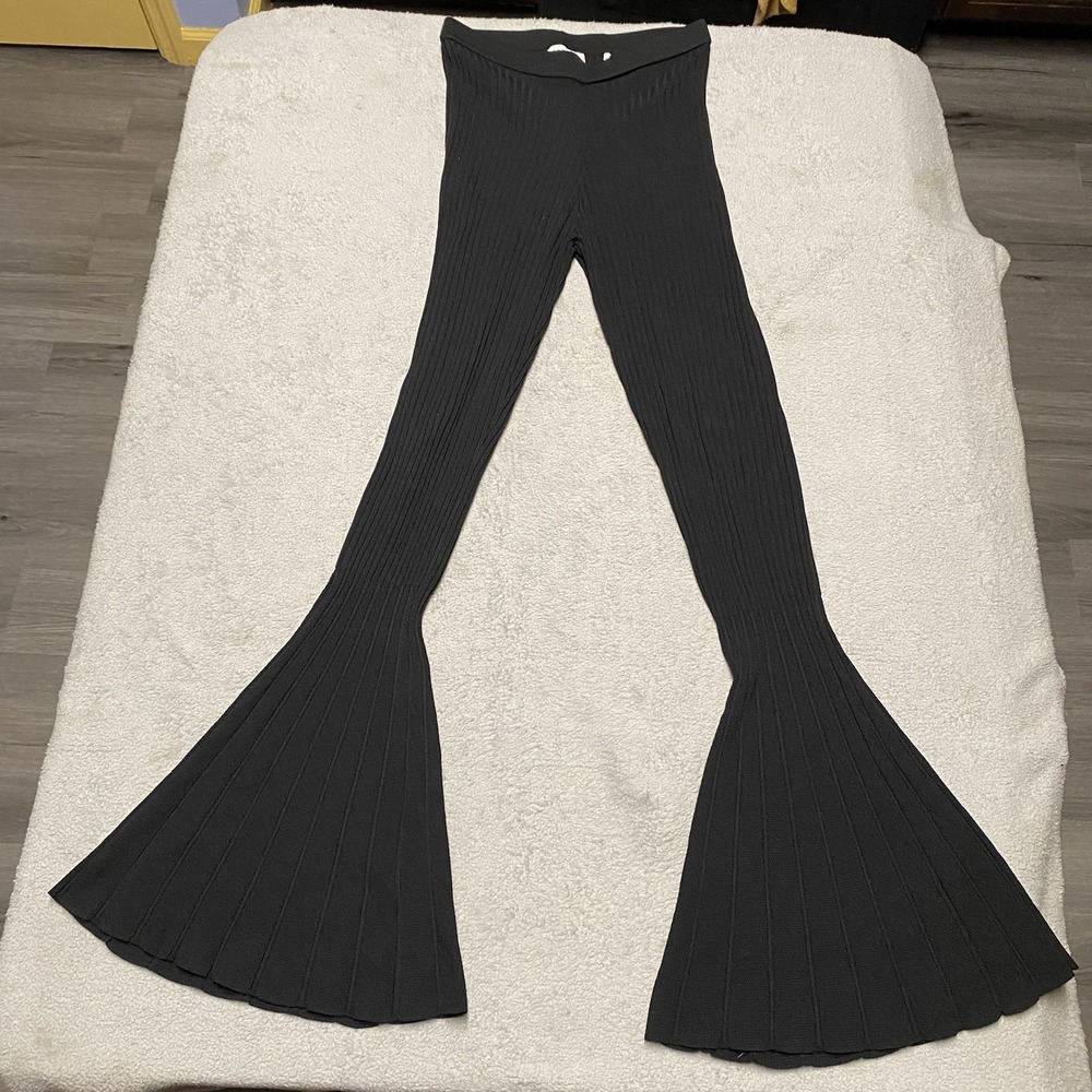 Sandro Ribbed Knit Flare Pants 36 Black Pull On Stretch